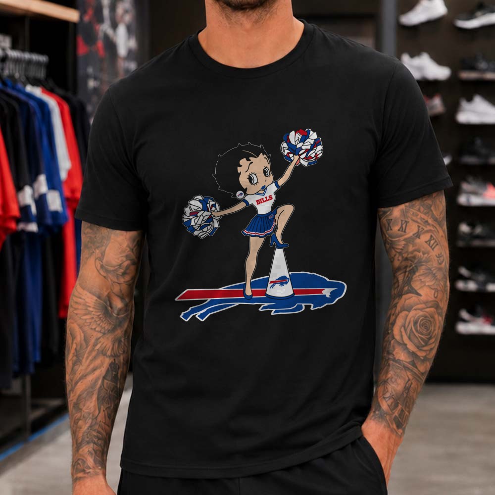 Betty Boop Cheerleader Pom Poms Women Fan Game Day Buffalo Bills NFL T-Shirt Betty Boop Cheerleader Pom Poms Women Fan Game Day Buffalo Bills NFL T-Shirt