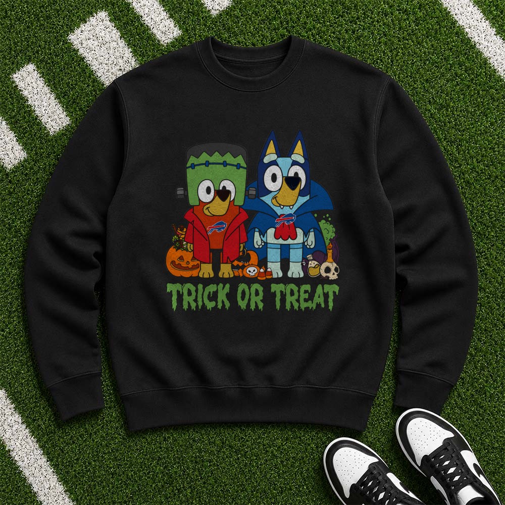 Bluey And Bingo Halloween Frankenstein Vampire Trick Or Treat Kids Buffalo Bills T-Shirt Bluey And Bingo Halloween Frankenstein Vampire Trick Or Treat Kids Buffalo Bills T-Shirt