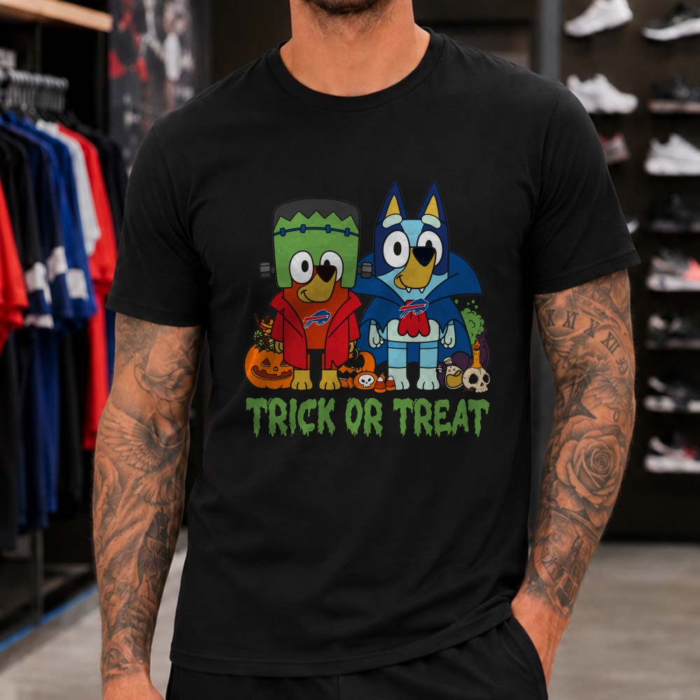Bluey And Bingo Halloween Frankenstein Vampire Trick Or Treat Kids Buffalo Bills T-Shirt Bluey And Bingo Halloween Frankenstein Vampire Trick Or Treat Kids Buffalo Bills T-Shirt