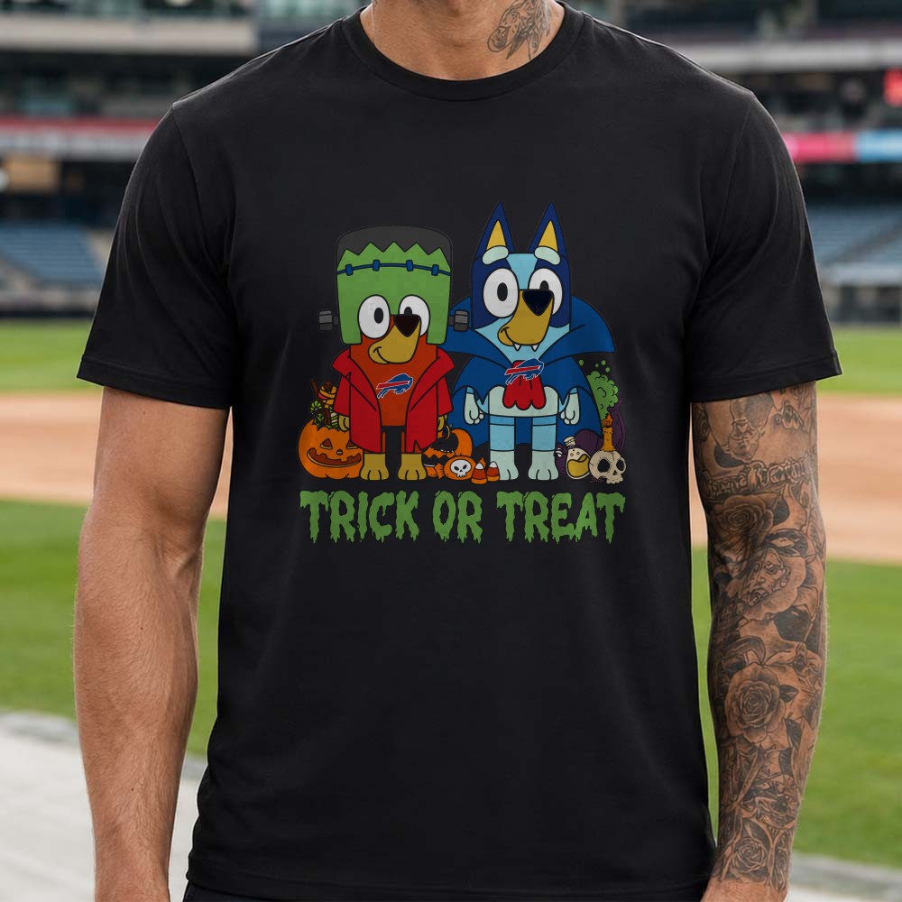 Bluey And Bingo Halloween Frankenstein Vampire Trick Or Treat Kids Buffalo Bills T-Shirt Bluey And Bingo Halloween Frankenstein Vampire Trick Or Treat Kids Buffalo Bills T-Shirt