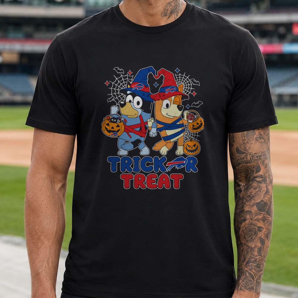 Bluey And Bingo Halloween Trick Or Treat Witch Kids Buffalo Bills T-Shirt Bluey And Bingo Halloween Trick Or Treat Witch Kids Buffalo Bills T-Shirt
