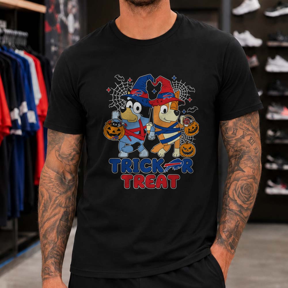 Bluey And Bingo Halloween Trick Or Treat Witch Kids Buffalo Bills T-Shirt Bluey And Bingo Halloween Trick Or Treat Witch Kids Buffalo Bills T-Shirt