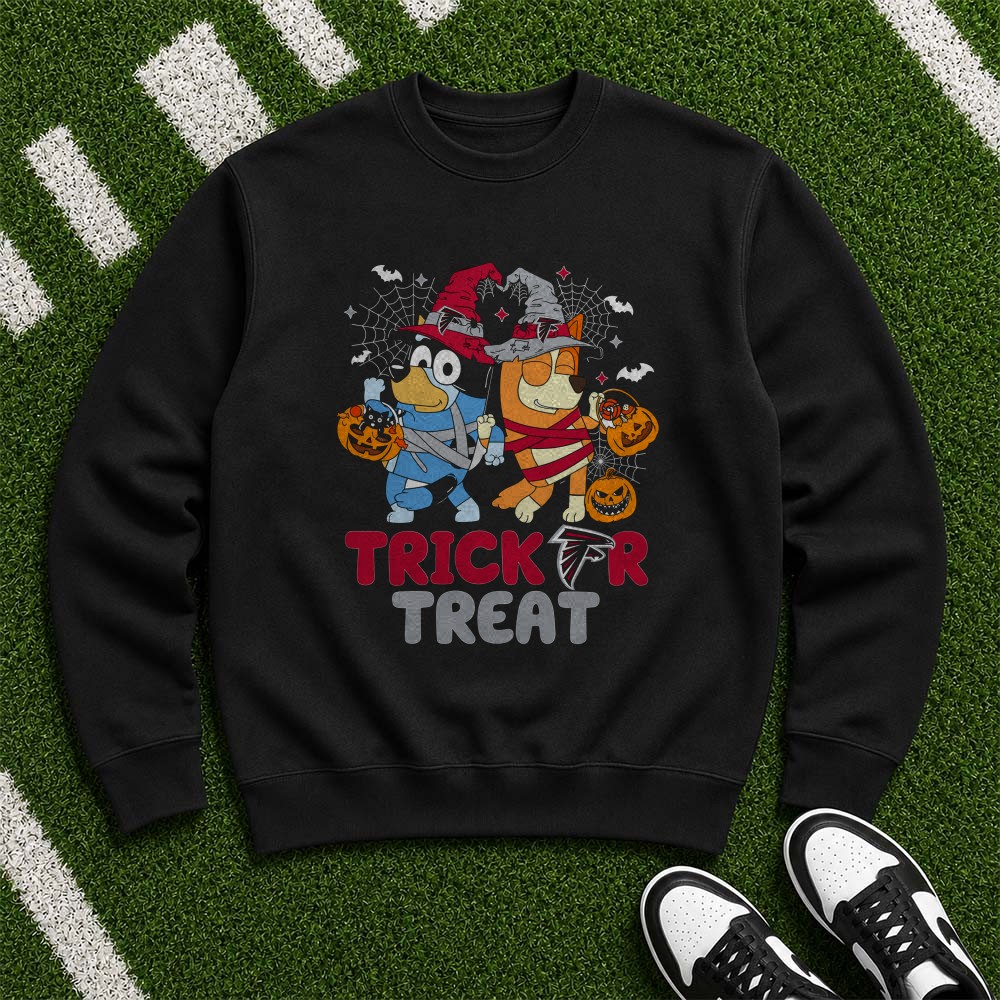 Bluey And Bingo Trick Or Treat Halloween Atlanta Falcons NFL T-Shirt Bluey And Bingo Trick Or Treat Halloween Atlanta Falcons NFL T-Shirt