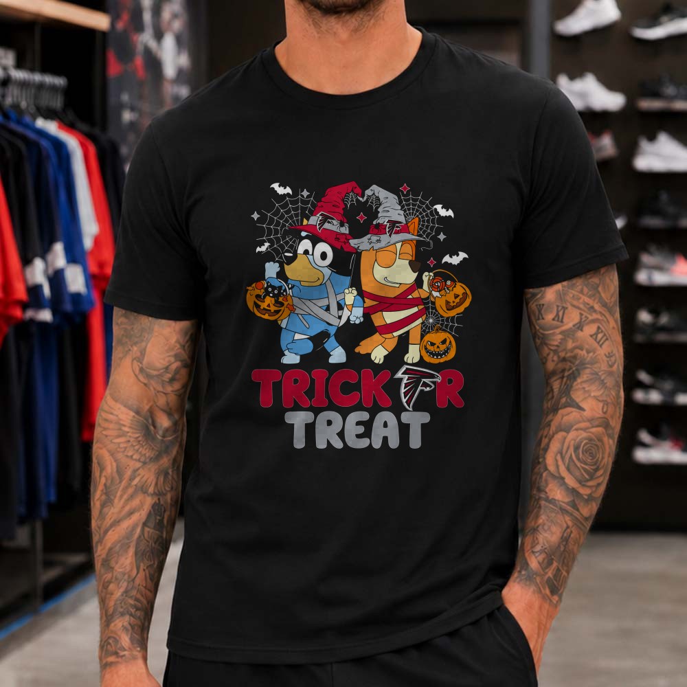 Bluey And Bingo Trick Or Treat Halloween Atlanta Falcons NFL T-Shirt Bluey And Bingo Trick Or Treat Halloween Atlanta Falcons NFL T-Shirt
