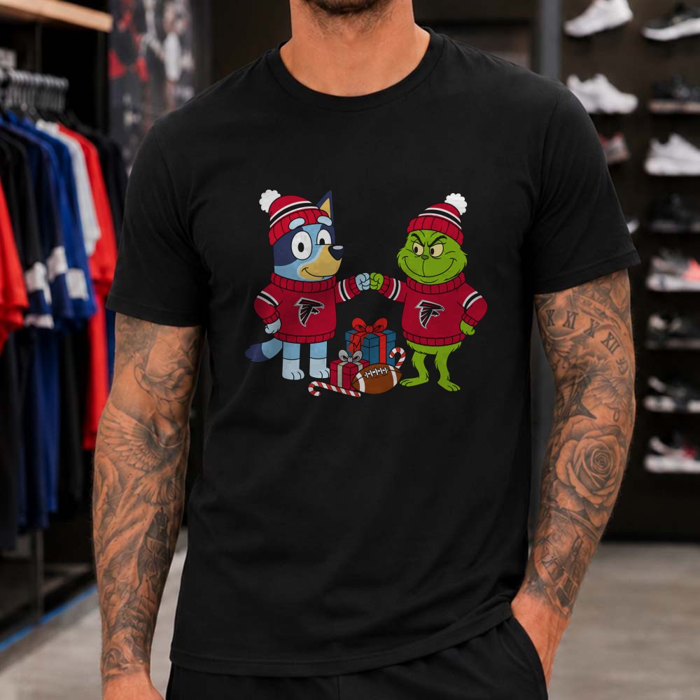 Bluey And Grinch Christmas Fist Bump Atlanta Falcons NFL T-Shirt Bluey And Grinch Christmas Fist Bump Atlanta Falcons NFL T-Shirt