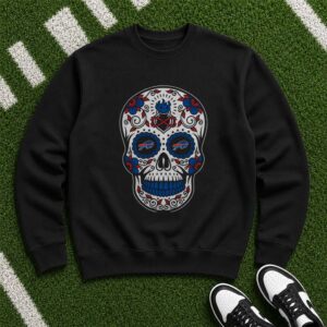 Buffalo Bills Sugar Skull Infinity Heart Blue Flame Floral Dia De Muertos T-Shirt