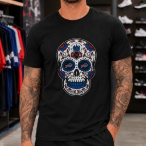 Buffalo Bills Sugar Skull Infinity Heart Blue Flame Floral Dia De Muertos T-Shirt