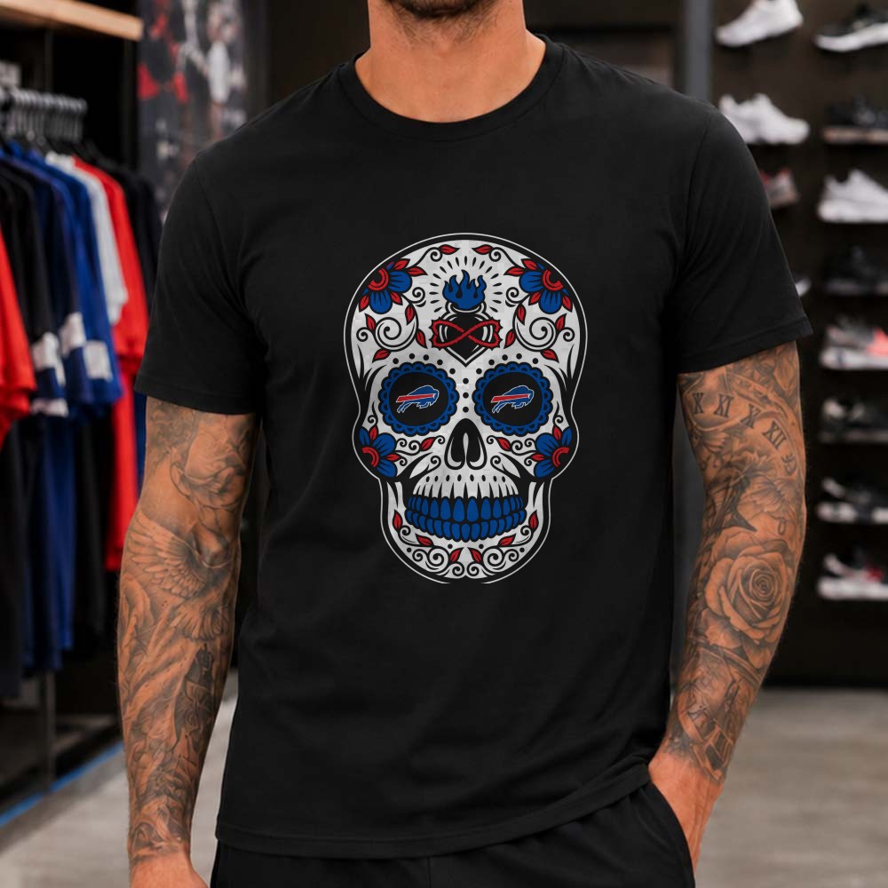 Buffalo Bills Sugar Skull Infinity Heart Blue Flame Floral Dia De Muertos T-Shirt Buffalo Bills Sugar Skull Infinity Heart Blue Flame Floral Dia De Muertos T-Shirt