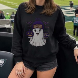 Cute Ghost Pumpkin Coffee Halloween Women Fan Baltimore Ravens NFL T-Shirt