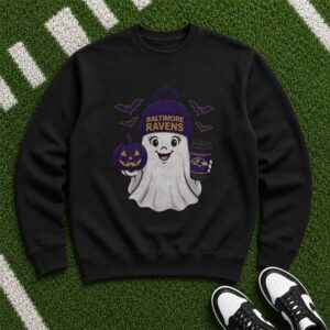 Cute Ghost Pumpkin Coffee Halloween Women Fan Baltimore Ravens NFL T-Shirt