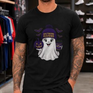 Cute Ghost Pumpkin Coffee Halloween Women Fan Baltimore Ravens NFL T-Shirt