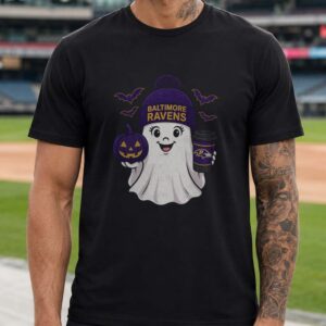 Cute Ghost Pumpkin Coffee Halloween Women Fan Baltimore Ravens NFL T-Shirt
