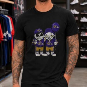 Jack Skellington Nightmare Before Christmas And Pennywise IT Horror Fan Baltimore Ravens T-Shirt