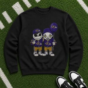 Jack Skellington Nightmare Before Christmas And Pennywise IT Horror Fan Baltimore Ravens T-Shirt
