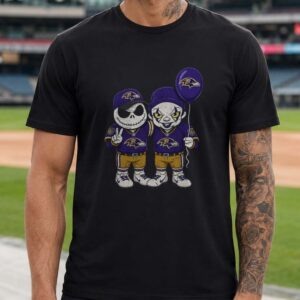 Jack Skellington Nightmare Before Christmas And Pennywise IT Horror Fan Baltimore Ravens T-Shirt