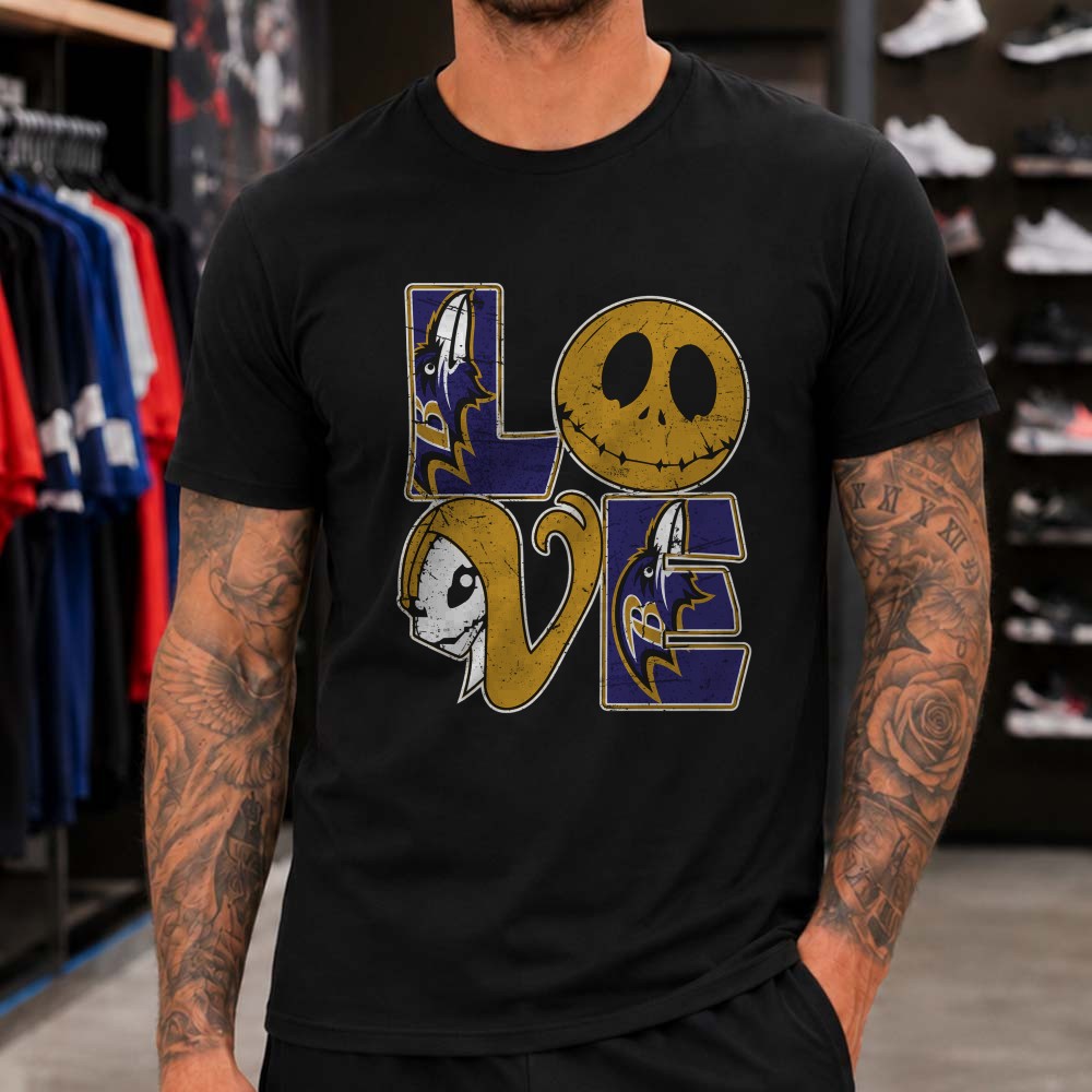 Jack Skellington Sally Love Nightmare Before Christmas Gothic Halloween Fan Baltimore Ravens NFL T-Shirt Jack Skellington Sally Love Nightmare Before Christmas Gothic Halloween Fan Baltimore Ravens NFL T-Shirt
