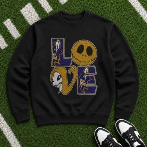 Jack Skellington Sally Love Nightmare Before Christmas Gothic Halloween Fan Baltimore Ravens NFL T-Shirt