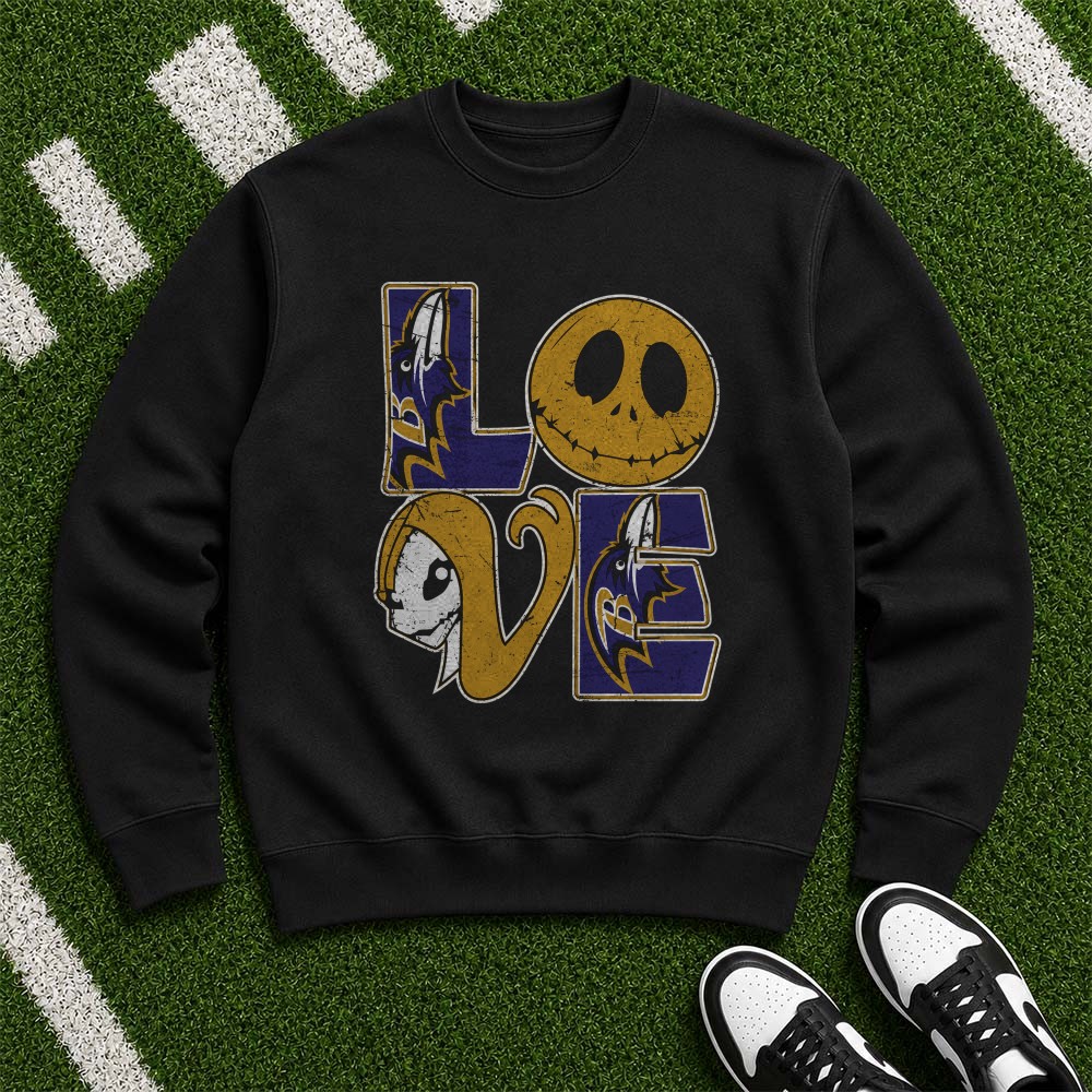 Jack Skellington Sally Love Nightmare Before Christmas Gothic Halloween Fan Baltimore Ravens NFL T-Shirt Jack Skellington Sally Love Nightmare Before Christmas Gothic Halloween Fan Baltimore Ravens NFL T-Shirt