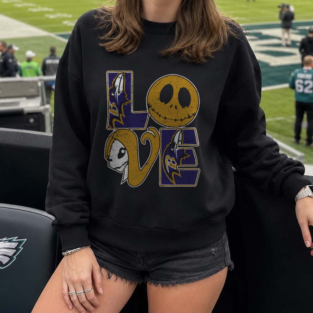 Jack Skellington Sally Love Nightmare Before Christmas Gothic Halloween Fan Baltimore Ravens NFL T-Shirt Jack Skellington Sally Love Nightmare Before Christmas Gothic Halloween Fan Baltimore Ravens NFL T-Shirt