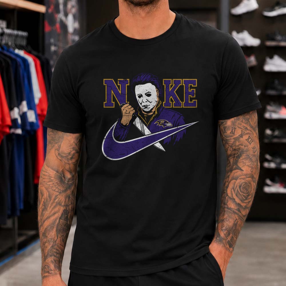 Michael Myers Halloween Nike Parody Horror Fan Baltimore Ravens T-Shirt Michael Myers Halloween Nike Parody Horror Fan Baltimore Ravens T-Shirt