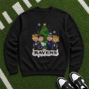 Peanuts Gang Charlie Brown Lucy Snoopy Merry Christmas Holiday Fan Baltimore Ravens NFL T-Shirt