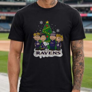 Peanuts Gang Charlie Brown Lucy Snoopy Merry Christmas Holiday Fan Baltimore Ravens NFL T-Shirt