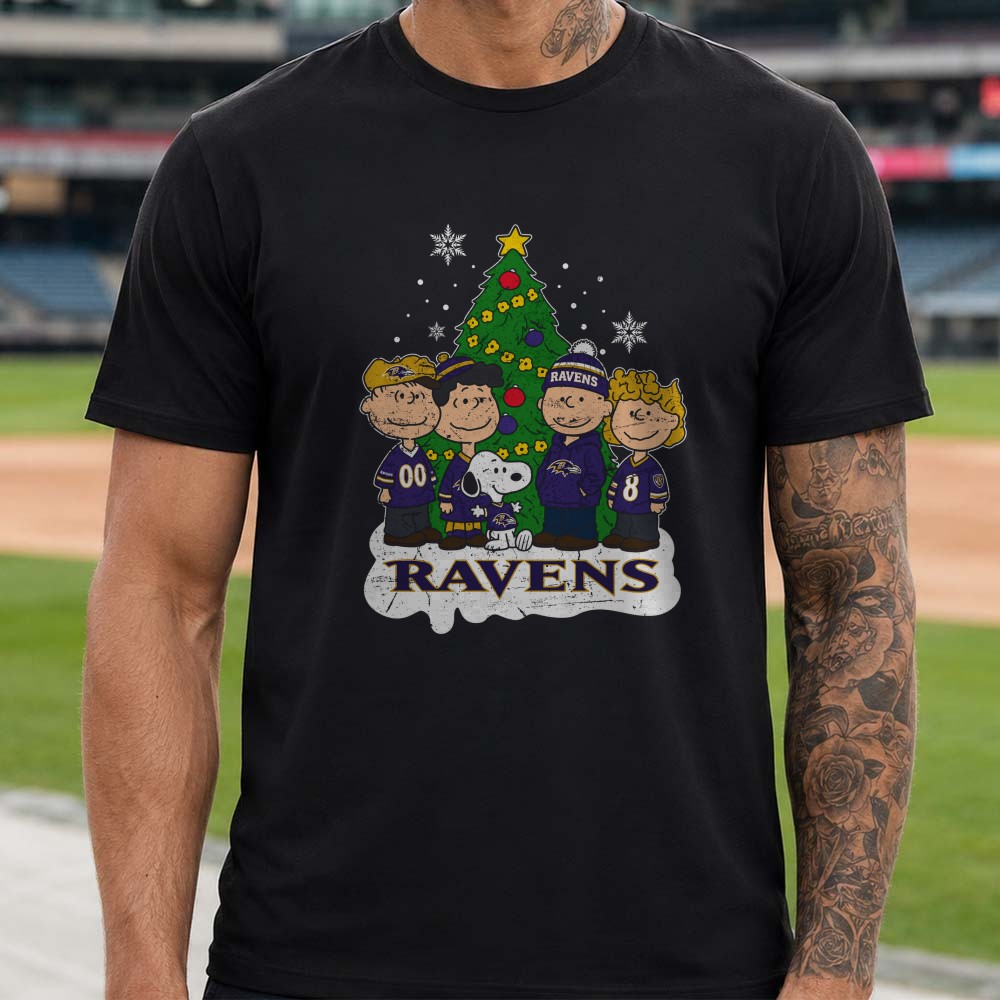 Peanuts Gang Charlie Brown Lucy Snoopy Merry Christmas Holiday Fan Baltimore Ravens NFL T-Shirt Peanuts Gang Charlie Brown Lucy Snoopy Merry Christmas Holiday Fan Baltimore Ravens NFL T-Shirt