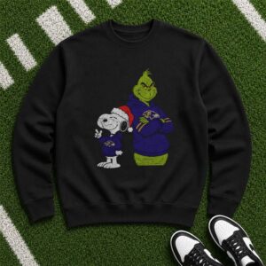 Peanuts Snoopy And Dr. Seuss Grinch Christmas Baltimore Ravens Fan T-Shirt