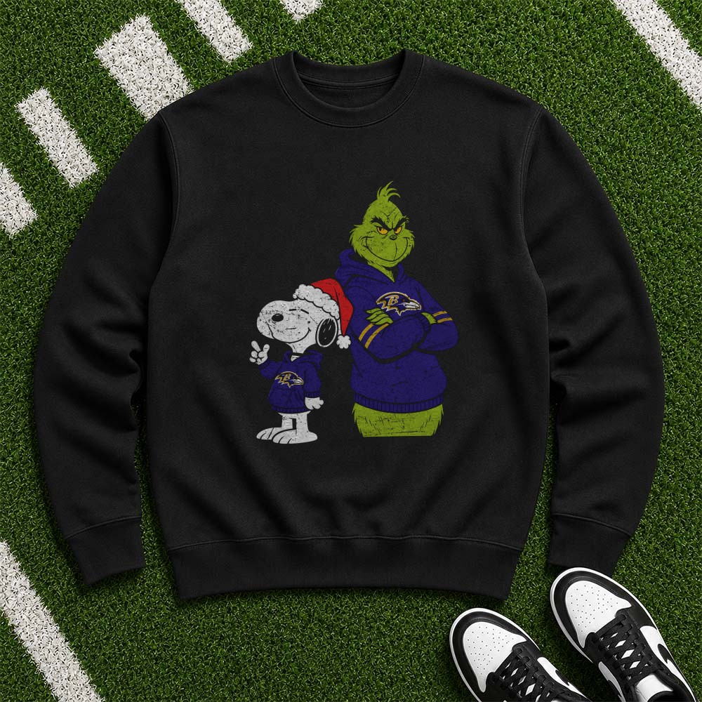 Peanuts Snoopy And Dr. Seuss Grinch Christmas Baltimore Ravens Fan T-Shirt Peanuts Snoopy And Dr. Seuss Grinch Christmas Baltimore Ravens Fan T-Shirt