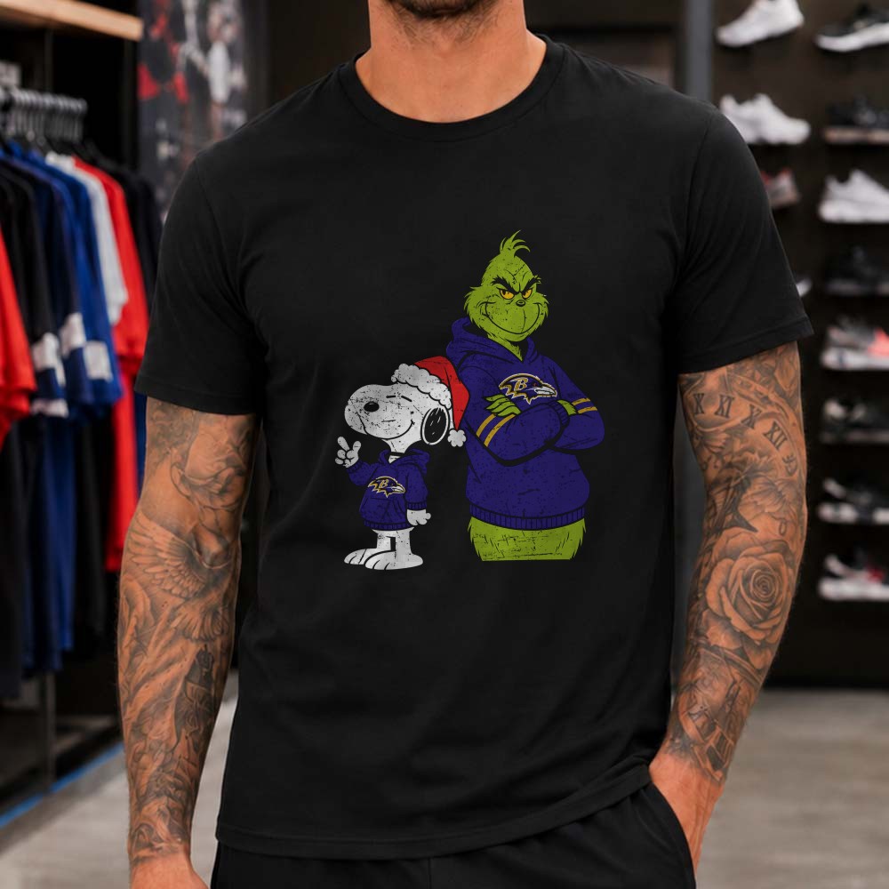 Peanuts Snoopy And Dr. Seuss Grinch Christmas Baltimore Ravens Fan T-Shirt Peanuts Snoopy And Dr. Seuss Grinch Christmas Baltimore Ravens Fan T-Shirt