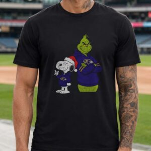 Peanuts Snoopy And Dr. Seuss Grinch Christmas Baltimore Ravens Fan T-Shirt