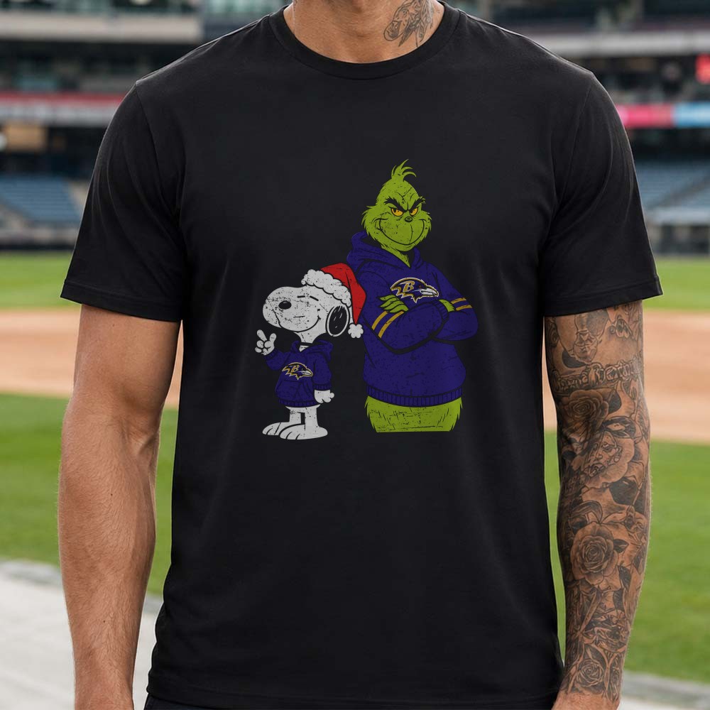Peanuts Snoopy And Dr. Seuss Grinch Christmas Baltimore Ravens Fan T-Shirt Peanuts Snoopy And Dr. Seuss Grinch Christmas Baltimore Ravens Fan T-Shirt