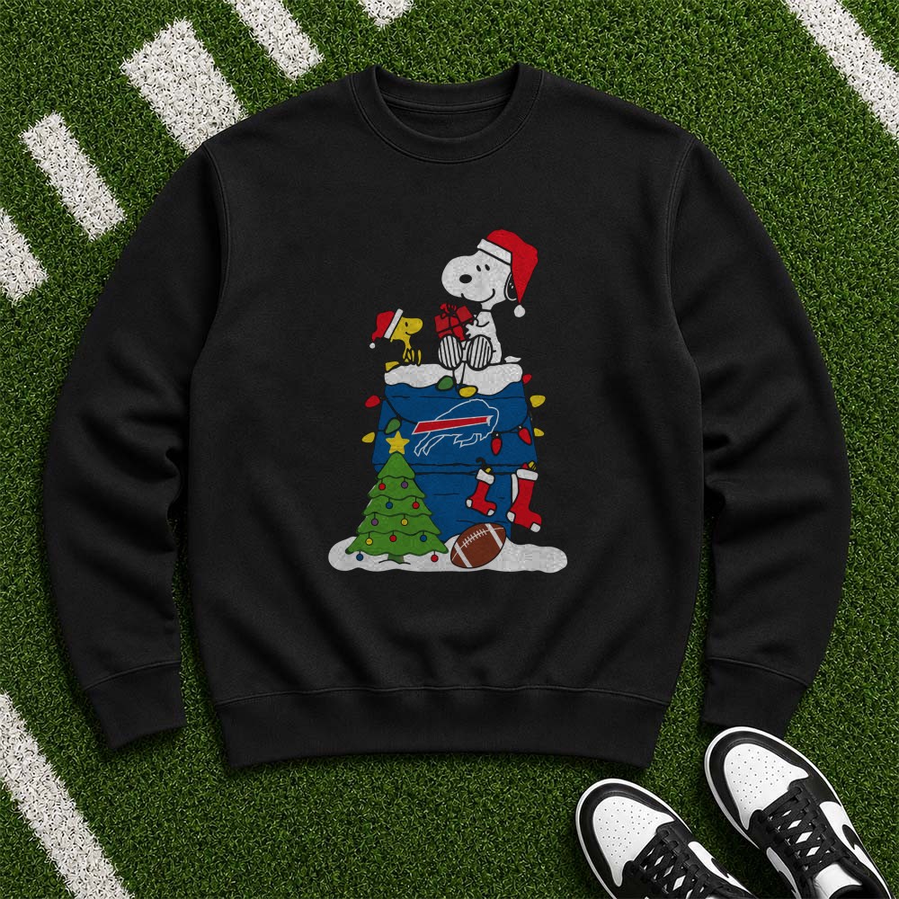 Peanuts Snoopy And Woodstock Christmas Dog House Fan Buffalo Bills T-Shirt Peanuts Snoopy And Woodstock Christmas Dog House Fan Buffalo Bills T-Shirt