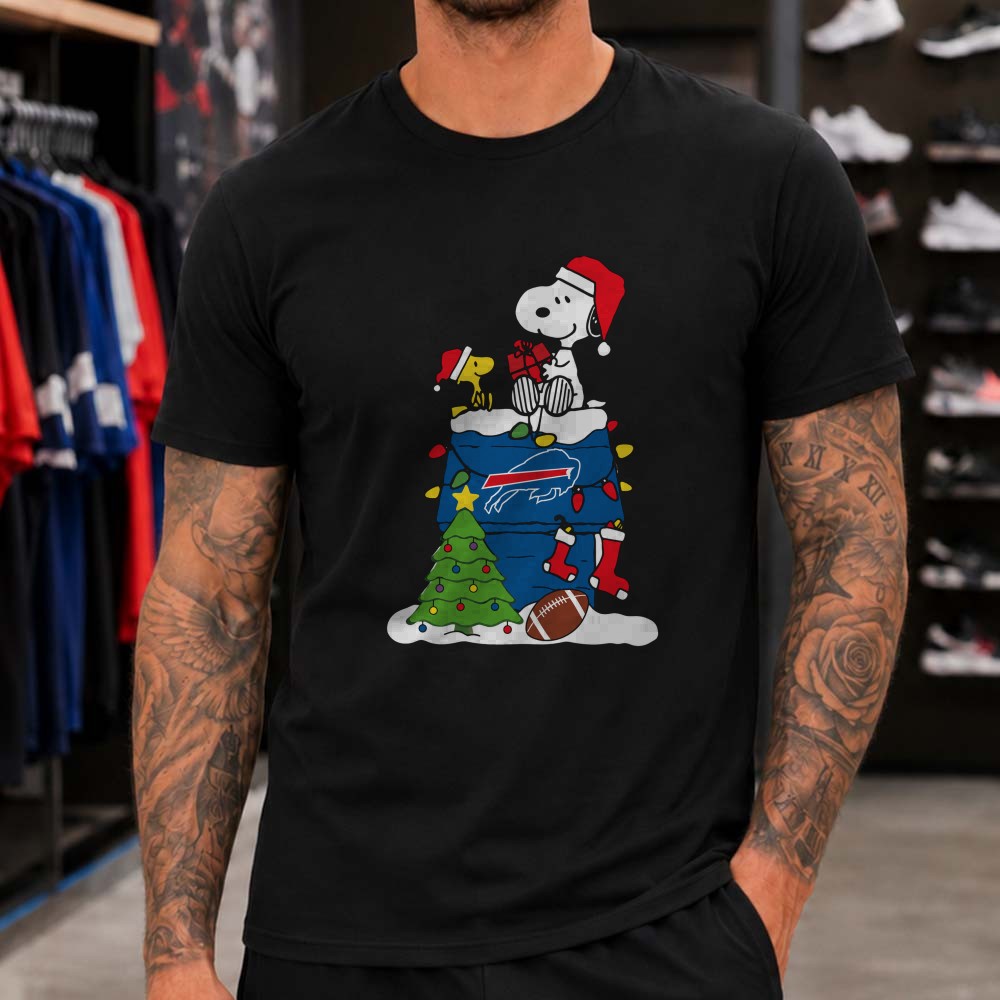 Peanuts Snoopy And Woodstock Christmas Dog House Fan Buffalo Bills T-Shirt Peanuts Snoopy And Woodstock Christmas Dog House Fan Buffalo Bills T-Shirt