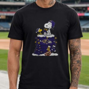 Peanuts Snoopy And Woodstock Merry Christmas Baltimore Ravens Fan T-Shirt