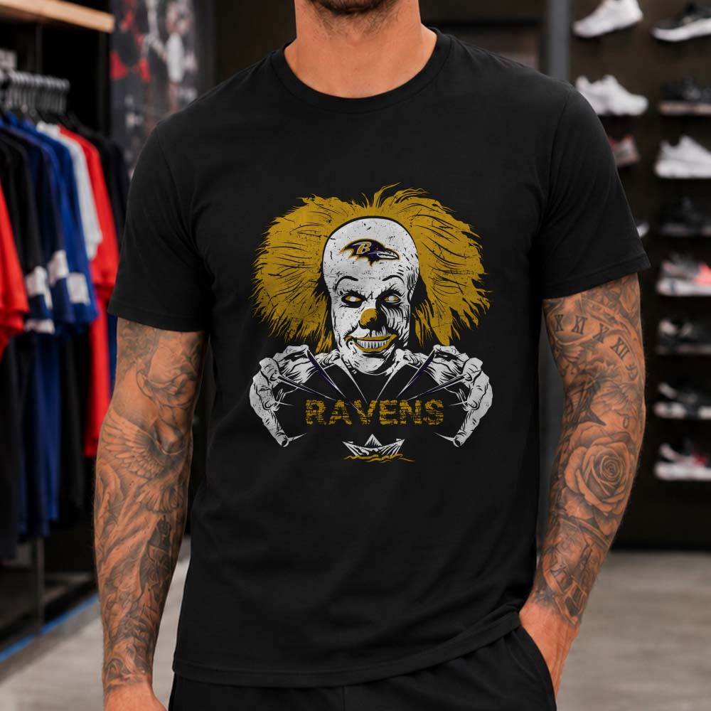 Pennywise IT Horror Clown Scary Fan Baltimore Ravens NFL T-Shirt Pennywise IT Horror Clown Scary Fan Baltimore Ravens NFL T-Shirt