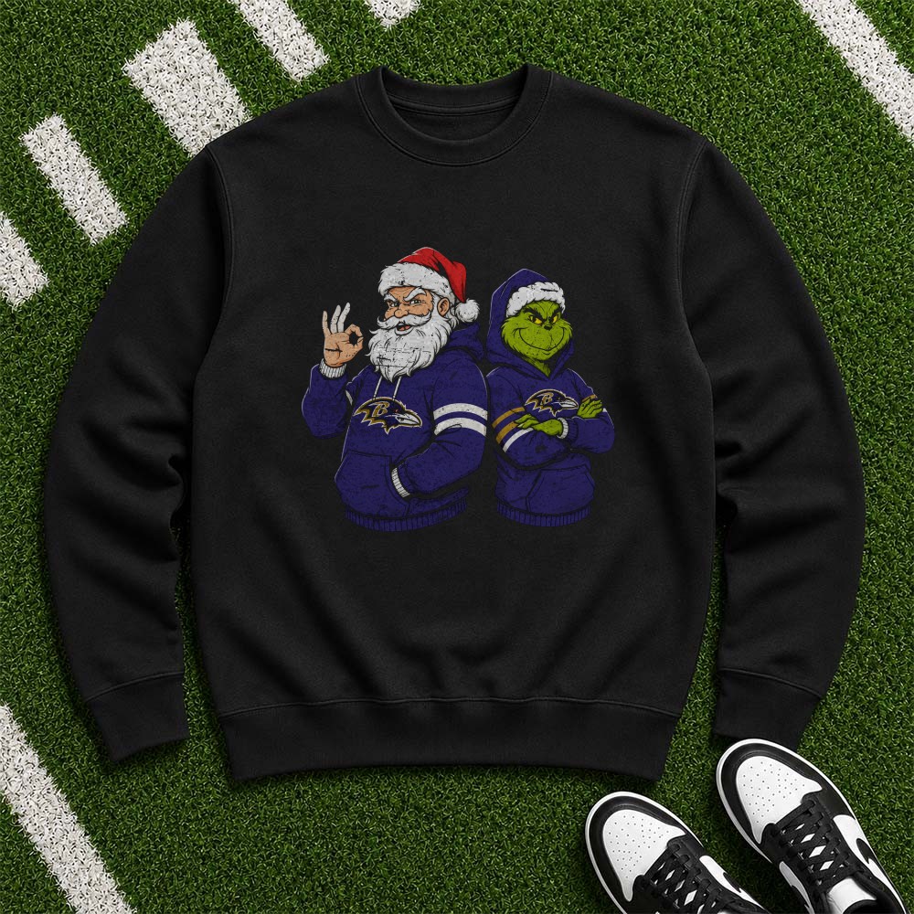 Santa Claus And Dr. Seuss Grinch Christmas Baltimore Ravens Fan T-Shirt Santa Claus And Dr. Seuss Grinch Christmas Baltimore Ravens Fan T-Shirt