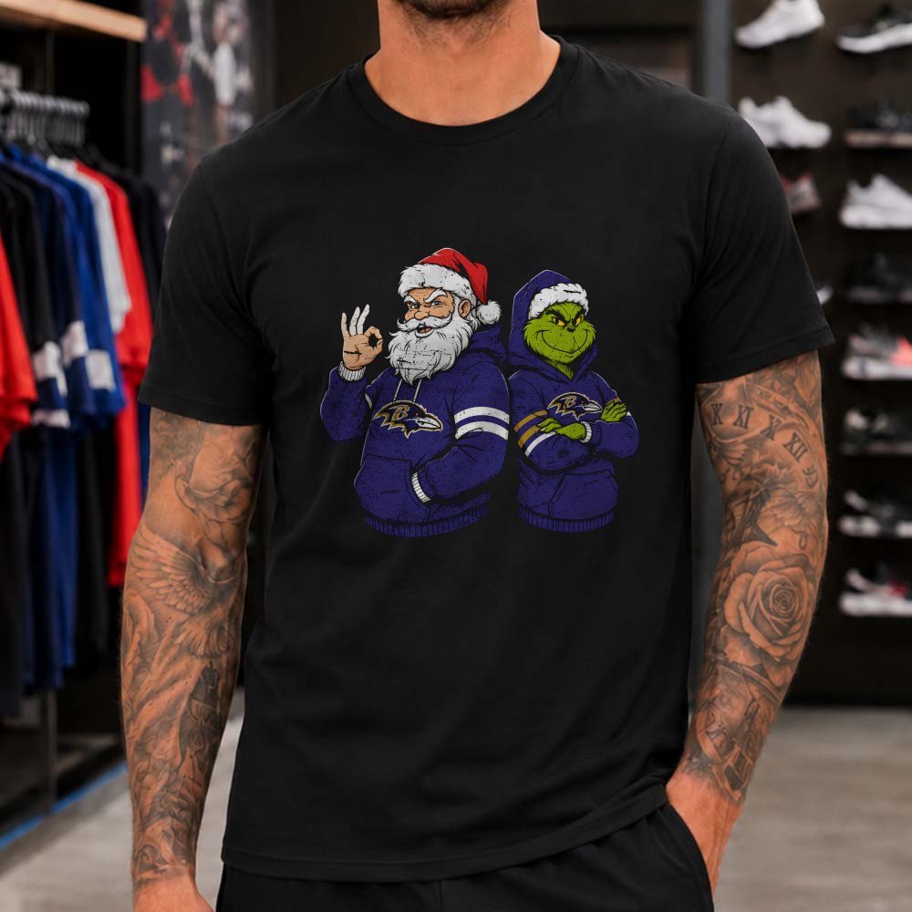 Santa Claus And Dr. Seuss Grinch Christmas Baltimore Ravens Fan T-Shirt Santa Claus And Dr. Seuss Grinch Christmas Baltimore Ravens Fan T-Shirt