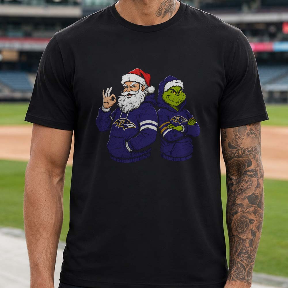 Santa Claus And Dr. Seuss Grinch Christmas Baltimore Ravens Fan T-Shirt Santa Claus And Dr. Seuss Grinch Christmas Baltimore Ravens Fan T-Shirt