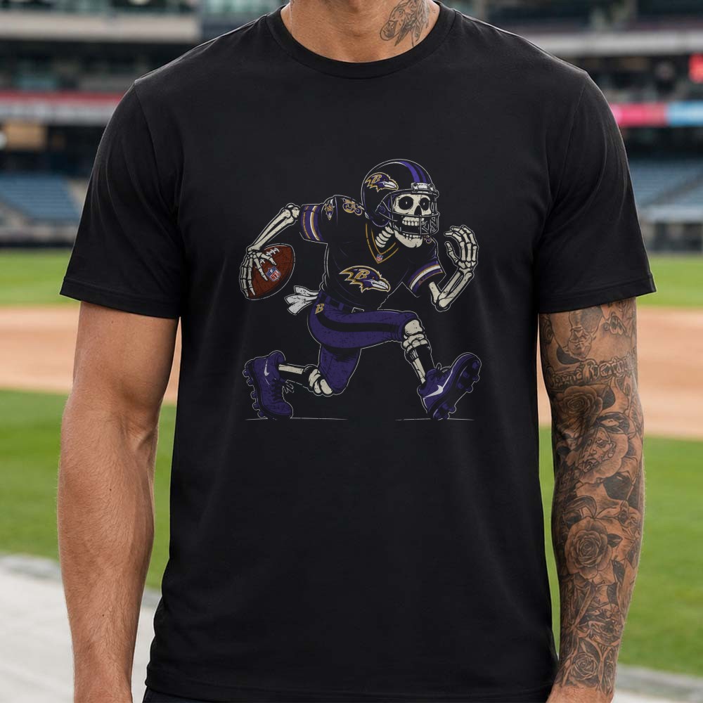 Skeleton Football Player Running Baltimore Ravens Halloween NFL T-Shirt Skeleton Football Player Running Baltimore Ravens Halloween NFL T-Shirt