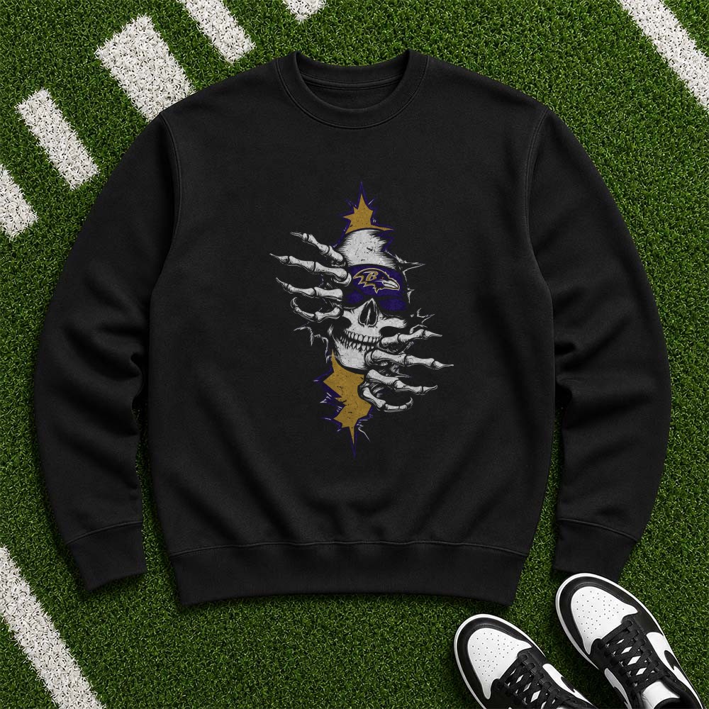Skeleton Hands Ripping Through Skull Gothic Dark Art Rock Fan Baltimore Ravens NFL T-Shirt Skeleton Hands Ripping Through Skull Gothic Dark Art Rock Fan Baltimore Ravens NFL T-Shirt
