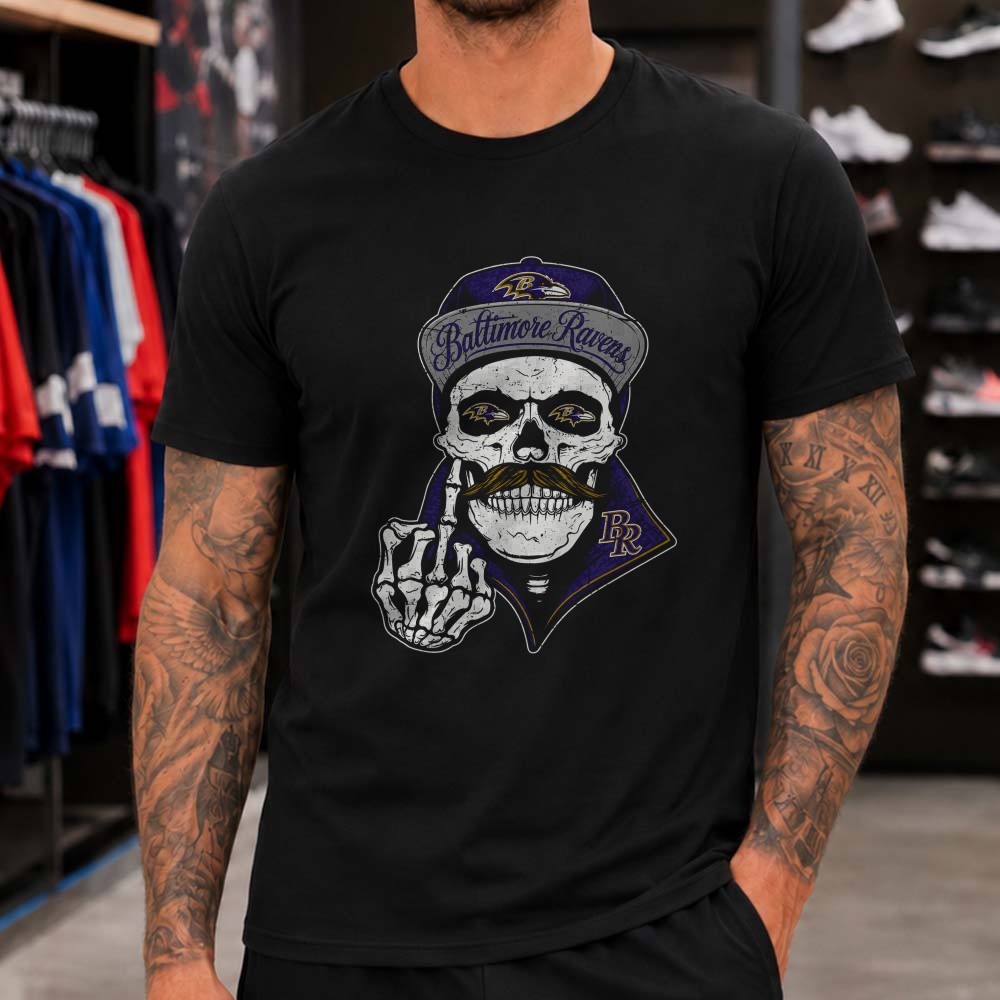 Skull Snapback Mustache Middle Finger Streetwear Swagger Fan Baltimore Ravens NFL T-Shirt Skull Snapback Mustache Middle Finger Streetwear Swagger Fan Baltimore Ravens NFL T-Shirt