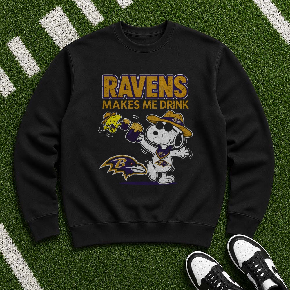 Snoopy Woodstock Baltimore Ravens Makes Me Drink Beer Tailgate T-Shirt Snoopy Woodstock Baltimore Ravens Makes Me Drink Beer Tailgate T-Shirt
