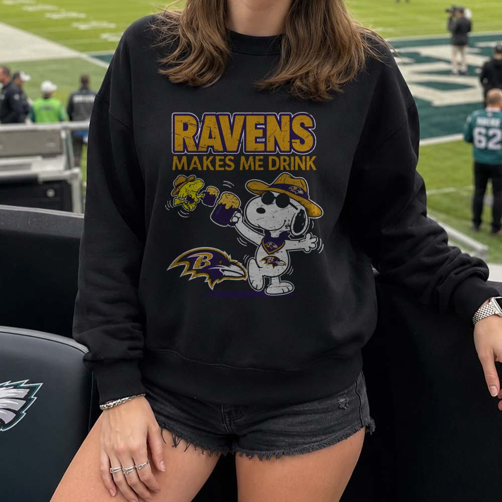 Snoopy Woodstock Baltimore Ravens Makes Me Drink Beer Tailgate T-Shirt Snoopy Woodstock Baltimore Ravens Makes Me Drink Beer Tailgate T-Shirt