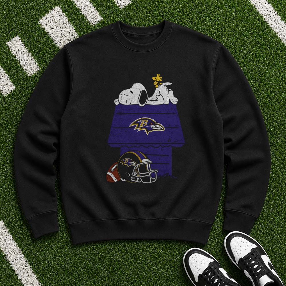 Snoopy Woodstock Chilling On Doghouse Baltimore Ravens NFL T-Shirt Snoopy Woodstock Chilling On Doghouse Baltimore Ravens NFL T-Shirt