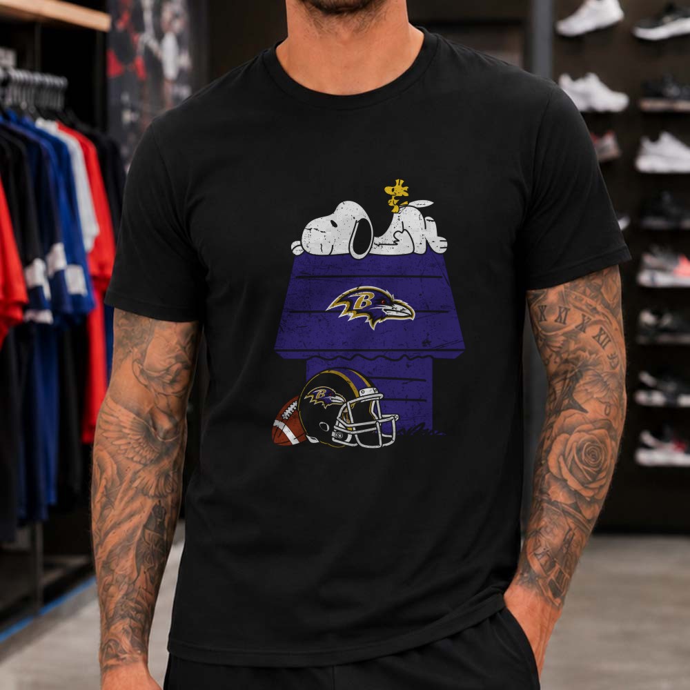 Snoopy Woodstock Chilling On Doghouse Baltimore Ravens NFL T-Shirt Snoopy Woodstock Chilling On Doghouse Baltimore Ravens NFL T-Shirt