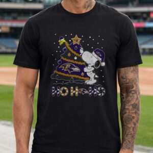 Snoopy Woodstock Ho Ho Ho Merry Christmas Baltimore Ravens NFL T-Shirt