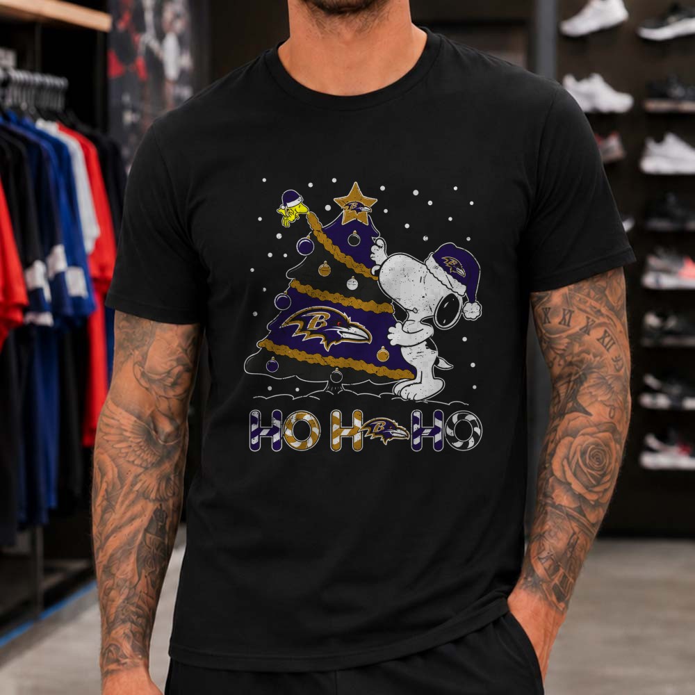 Snoopy Woodstock Ho Ho Ho Merry Christmas Baltimore Ravens NFL T-Shirt Snoopy Woodstock Ho Ho Ho Merry Christmas Baltimore Ravens NFL T-Shirt