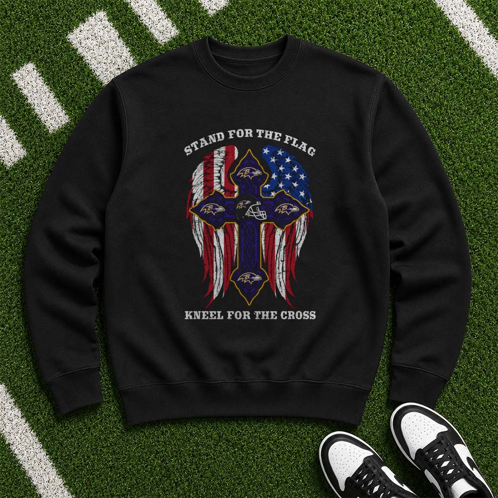 Stand For The Flag Kneel For The Cross Christian Patriotic Baltimore Ravens NFL T-Shirt Stand For The Flag Kneel For The Cross Christian Patriotic Baltimore Ravens NFL T-Shirt