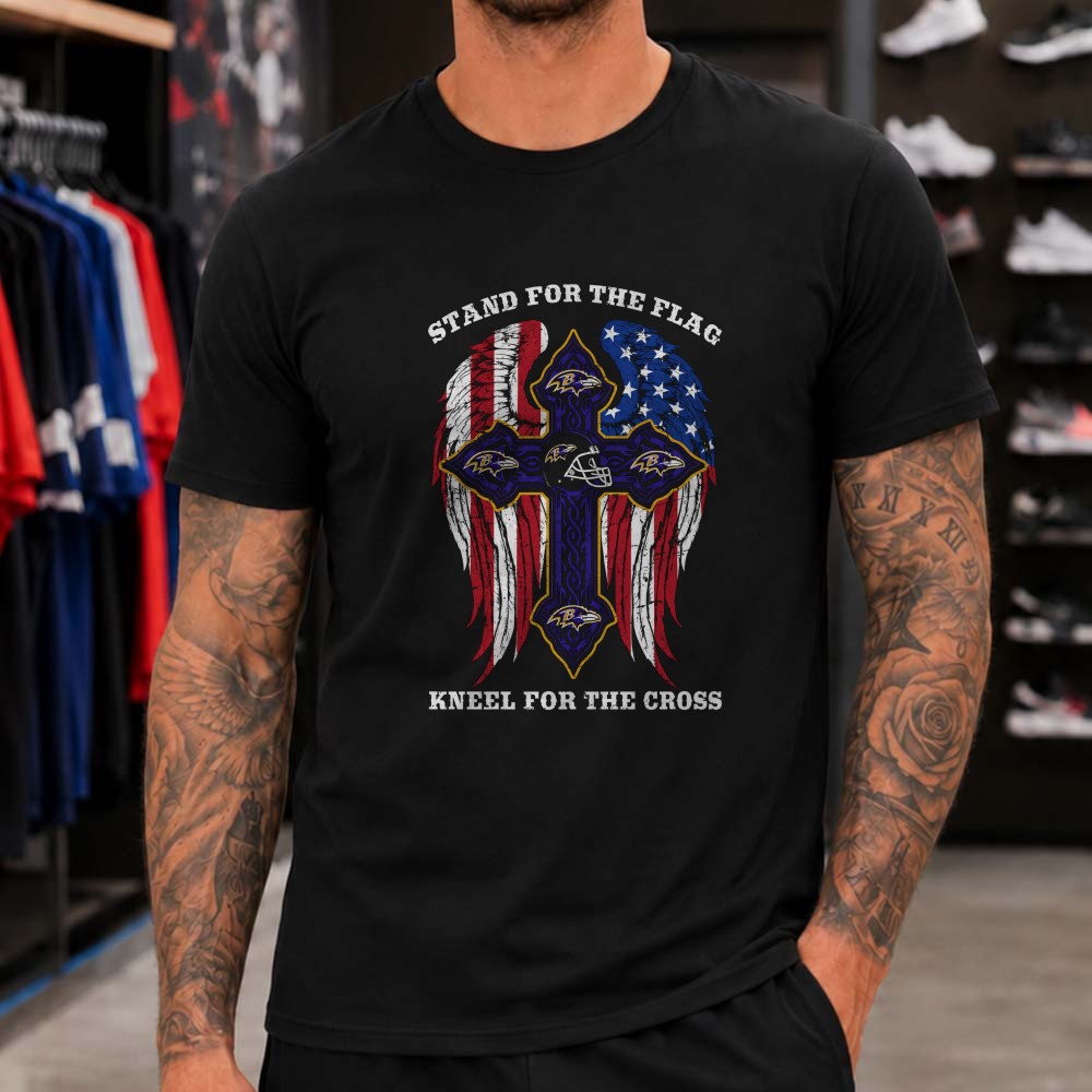 Stand For The Flag Kneel For The Cross Christian Patriotic Baltimore Ravens NFL T-Shirt Stand For The Flag Kneel For The Cross Christian Patriotic Baltimore Ravens NFL T-Shirt